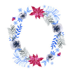 Fototapeta na wymiar Winter wreath with blue elements. Watercolor circle frame for fashion design isolated on white background