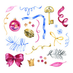 Watercolor elements with Swan silhouettes, pink and Indigo flowers, blue and green leaves and twigs with gold elements for wedding, invitations, scrapbooking and more