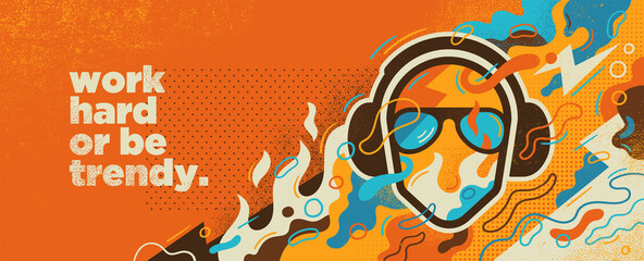 Abstract party graffiti design in grungy style with DJ silhouette, colorful splashes and slogan. Vector illustration.