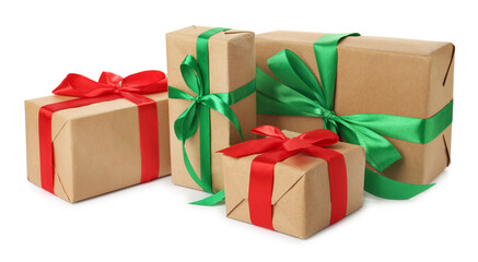 Different beautifully wrapped gift boxes on white background