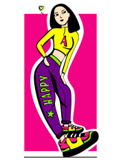 A modern girl in trendy hip-hop clothes and fashionable pose demonstrates her sneakers.