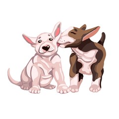 Illustration of cute bull terrier puppies. Little funny bull terrier puppies. Illustration for printing on children's textiles, postcards, stickers, stationery, clothes, logos. On white background.