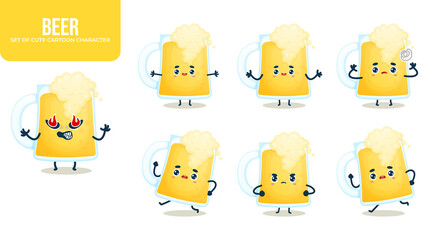 Set of cute beer with foam cartoon character Premium Vector