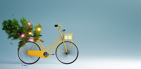 Christmas tree on yellow vintage bicycle, merry Christmas concept, 3D illustrations rendering