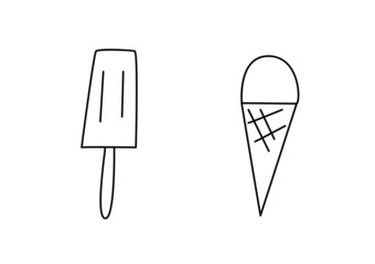 Vector minimalistic ice cream on a stick and in a cone in outline style isolated on white background. Can be used to design holiday cards, presentations, websites, menu