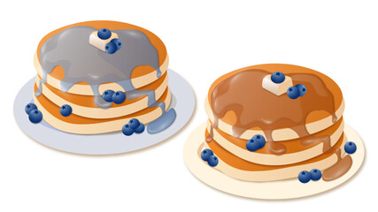 Set of pancakes with different toppings. pancakes on white plate. baking with syrup or honey. breakfast concept. fluffy pancake in frying pan. flat illustration on white background. Premium Vector