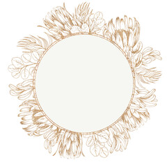 Floral protea round frame. Golden hand drawn graphic illustration on white background.