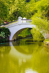 Fototapeta na wymiar Sunny landscape with white stone arched bridge over the river in a summer park among the greenery