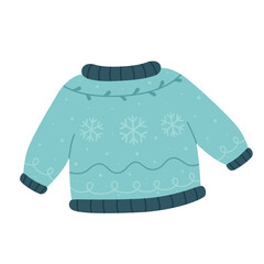 Christmas sweater, warm knitted jumper with cute ornaments. Vector illustration