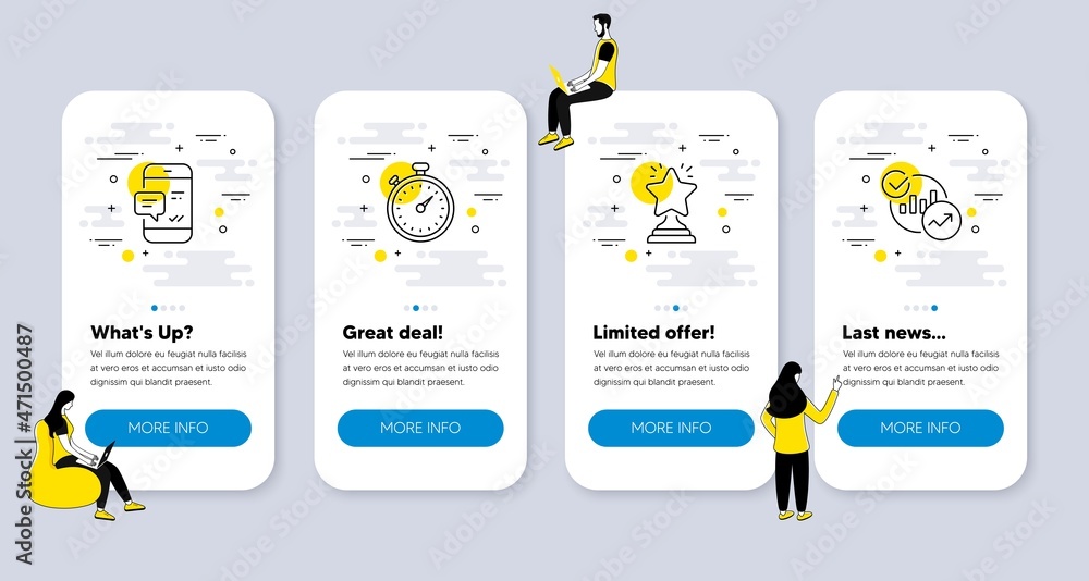 Poster vector set of line icons related to winner, timer and smartphone notification icons. ui phone app sc