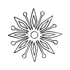 Thin line doodle snowflake. Ice crystal hand drawn. Vector of frosty pattern. Winter snow ornament. Christmas illustration isolated on white background.