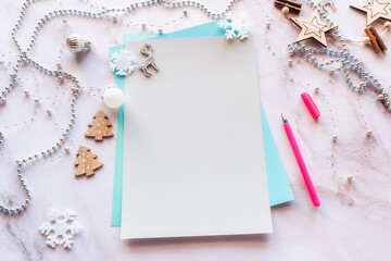 christmas wish list. blank sheet of paper with place for text, christmas decorations