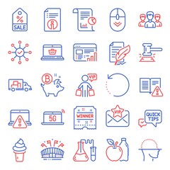 Business icons set. Included icon as Web report, Scroll down, Technical info signs. Sale coupon, Judge hammer, Bitcoin coin symbols. Truck transport, Apple, Chemistry lab. Vip mail, Report. Vector