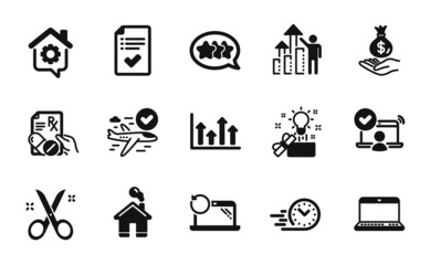 Vector set of Fast delivery, Work home and Employee results icons simple set. Home, Notebook and Upper arrows icons. Stars, Creative idea and Scissors signs. Fast delivery simple web symbol. Vector