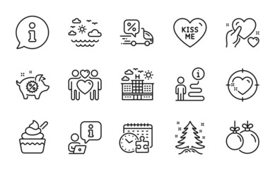 Holidays icons set. Included icon as Hold heart, Puzzle time, Travel sea signs. Heart target, Kiss me, Hotel symbols. Piggy sale, Love couple, Ice cream. Christmas tree, Christmas ball. Vector