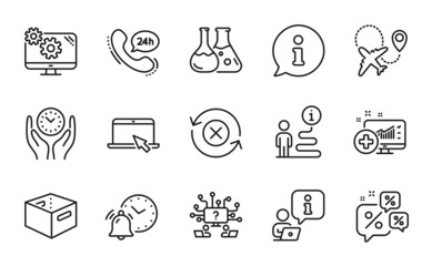 Technology icons set. Included icon as Medical analytics, 24h service, Settings signs. Alarm clock, Safe time, Chemistry lab symbols. Discounts chat, Office box, Reject refresh. Airplane. Vector
