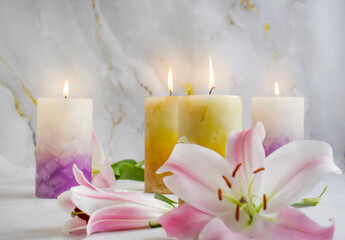 candle burning, flower lily background
