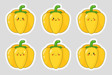 Set of stickers with cute cartoon pepper. Yellow pepper emoji with different emotions. Flat vector.
