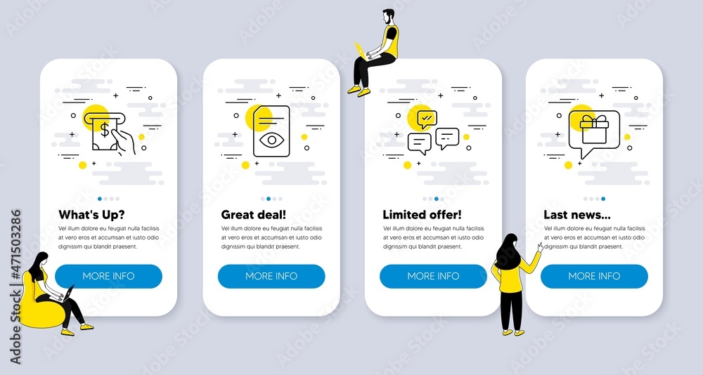 Poster vector set of line icons related to atm service, chat messages and view document icons. ui phone app