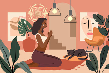 Young woman doing yoga exercises and practicing meditation vector. Female character in home interior