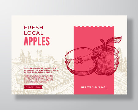 Fresh Local Apples Food Label Template. Abstract Vector Packaging Design Layout. Modern Typography Banner with Hand Drawn Fruit and Rural Landscape Background. Isolated