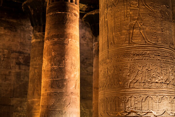 Detail of one of the columns of the Temple of Edfu decorated with hieroglyphs. Photograph taken in...