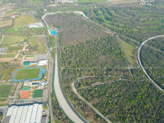 Aerial view of The Autodromo Nazionale of Monza, that is a race track located near the city of...