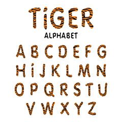 Decorative tiger font and alphabet with tiger patterns. Vector font on white background