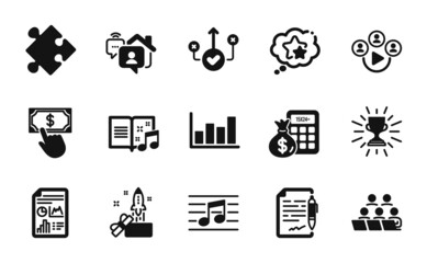 Vector set of Musical note, Correct way and Payment click icons simple set. Video conference, Work home and Trophy icons. Teamwork, Report document and Music book signs. Vector