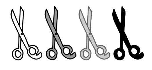 a set of hairdressing scissors. hand-drawn hairdressing scissors in the style of doodles with an isolated outline in black and silhouette on white for a design template. the element of the beauty salo