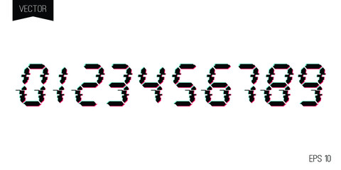 Glitch LCD digits vector font template. Vector set of electronic LCD calculator numbers.