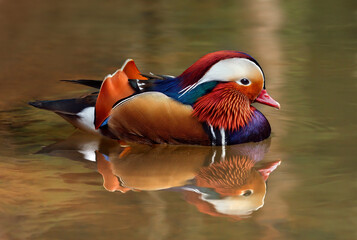 Closeup male mandarin duck - Aix galericulata swimming, viewed of profile, with a large reflection in the water