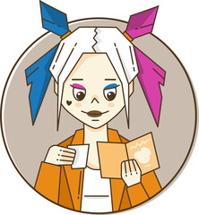 Flat icon girl harley with a cup and a book in hand. Queen with multi-colored hair.