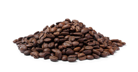 Pile of roasted coffee beans on white background