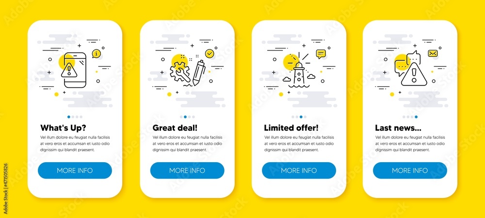 Poster vector set of lighthouse, engineering and warning message line icons set. ui phone app screens with 
