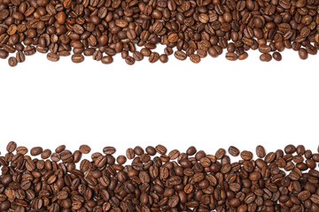 Many roasted coffee beans on white background, top view