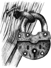 Door lock in a grafic style. Ink barn vintage rusty padlock.