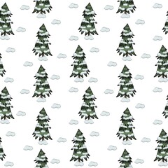 Forest Christmas trees in the snow, print, seamless square pattern