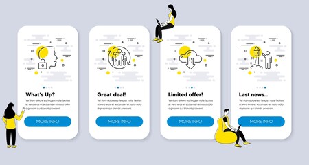 Set of Science icons, such as Cloud download, Unlock system, Teamwork icons. UI phone app screens with people. Fireworks line symbols. File storage, Access granted, Employees change. Vector