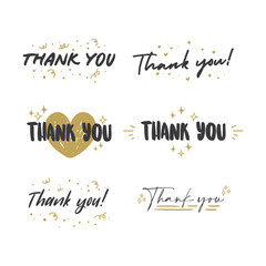 Thank You lettering compositions written with decorative calligraphic font. Bundle of gratitude phrase decorated with cute elements. Hand drawn thanks vector quotes.