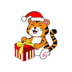 New Year's cute little tiger in a New Year costume and with gifts, bright cheerful tiger with a smile, christmas tiger, 2022 chinese zodiac