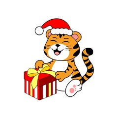 New Year's cute little tiger in a New Year costume and with gifts, bright cheerful tiger with a smile, christmas tiger, 2022 chinese zodiac