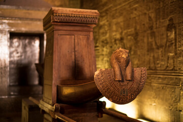 Close-up of the sacred boat of the Temple of Edfu. Photograph taken in Edfu, Aswan, Egypt.