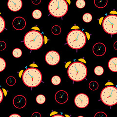 Seamless pattern with a clock on a black background. Time, hours. Vector illustration.