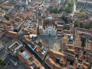 Aerial view of facade of the ancient Duomo in Monza (Monza Cathedral). Drone photography of the...