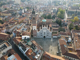 Aerial view of facade of the ancient Duomo in Monza (Monza Cathedral). Drone photography of the main square with church in Monza in north Italy, Brianza, Lombardia, near Milan.