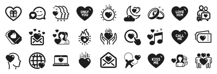 Set of Love icons, such as Love tickets, Friend, Wedding rings icons. Dating chat, Love, Friends couple signs. Heart, Hold heart, Honeymoon travel. Couple, Dating, Romantic gift. Only you. Vector