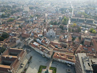 Aerial view of facade of the ancient Duomo in Monza (Monza Cathedral). Drone photography of the main square with church in Monza in north Italy, Brianza, Lombardia, near Milan.