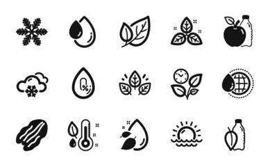 Vector set of Apple, Fair trade and Thermometer icons simple set. Oil drop, Organic tested and Leaves icons. Sunset, Water drop and World water signs. Snowflake, Snow weather and Leaf. Vector
