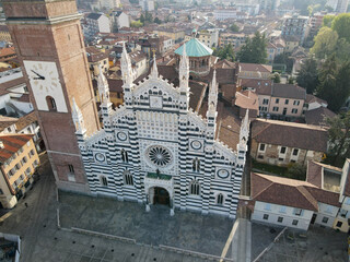 Aerial view of facade of the ancient Duomo in Monza (Monza Cathedral). Drone photography of the...